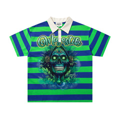 Green Blue Stripe Monster Graphic Vintage Polo Shirt