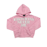 Pink Rhinestone Graphic Full Zip Hoodie Men Streetwear Zip‑Up Hooded Sweatshirt