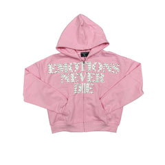 Pink Rhinestone Graphic Full Zip Hoodie Men Streetwear Zip‑Up Hooded Sweatshirt