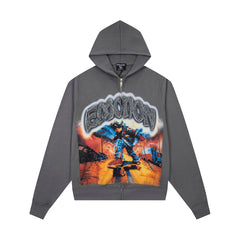 Vintage Rock Character Graphic Zip‑Up Hoodie Charcoal Grey Oversized Streetwear Sweatshirt