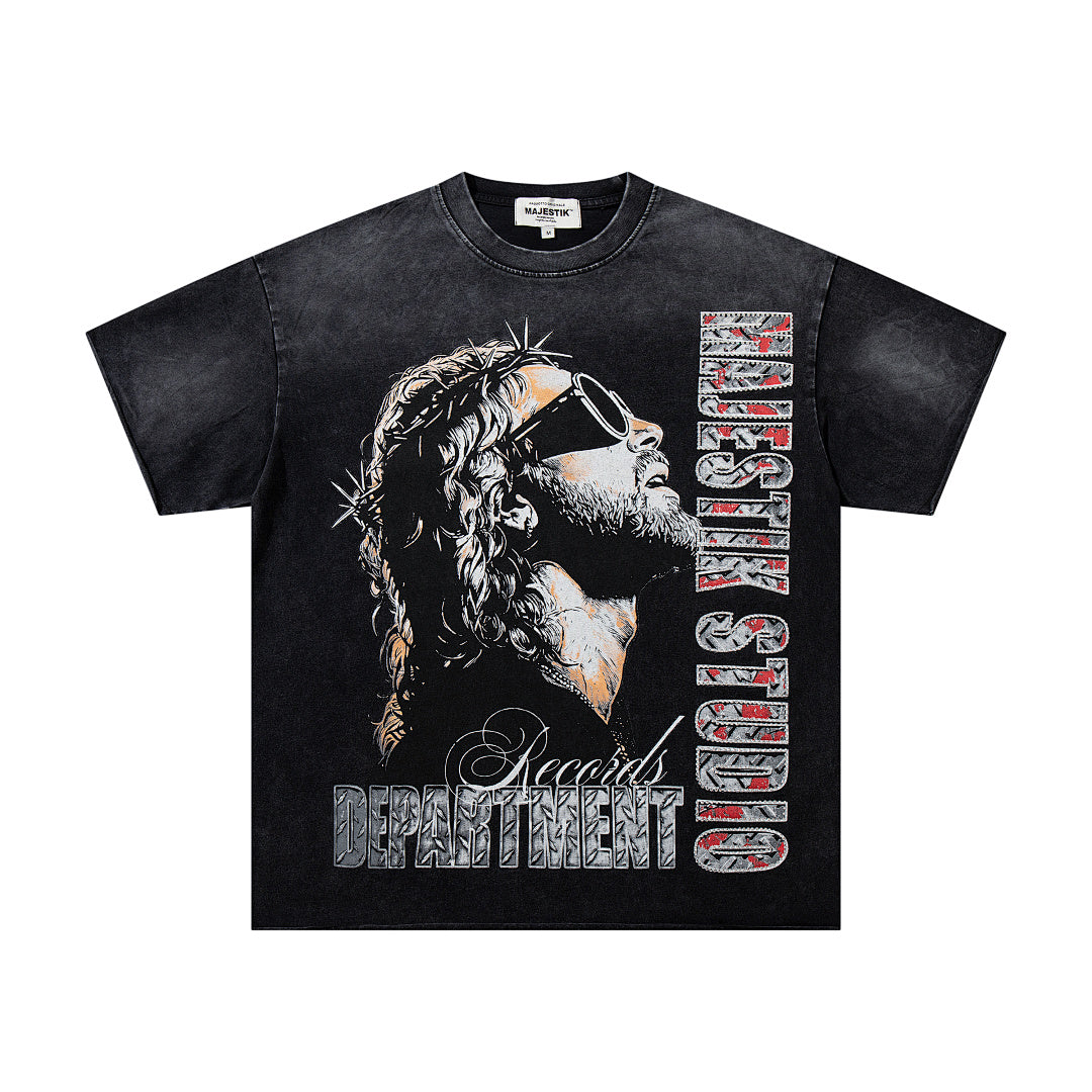 Black Washed Vintage Eagle Raptor Double‑Sided Graphic Band‑Style T‑Shirt