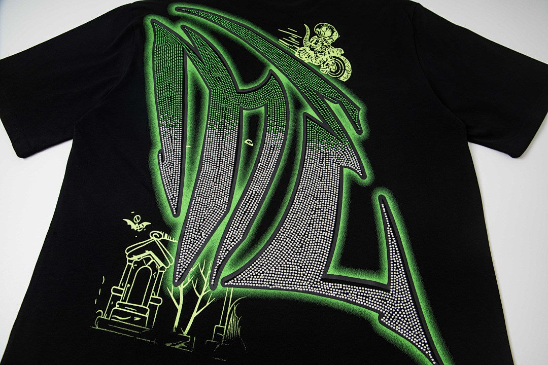 Black Vintage Green Sailboat Graphic Oversized Crew‑Neck Street T‑Shirt