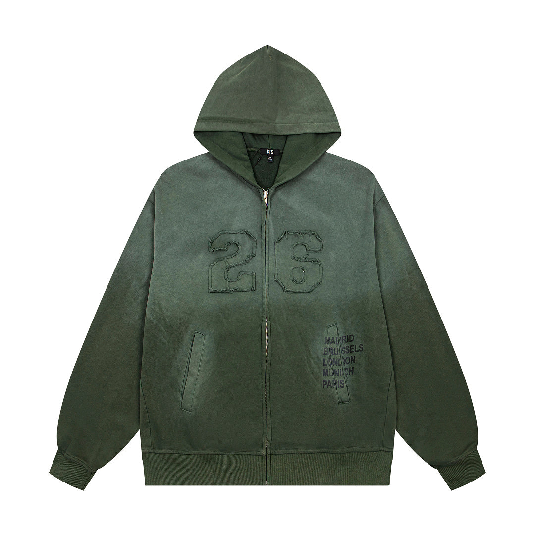 Vintage Dark Green Number 26 Embroidery Full‑Zip Hoodie