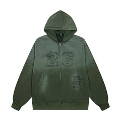 Vintage Dark Green Number 26 Embroidery Full‑Zip Hoodie