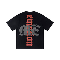Black Vintage Gothic Metal Letter Graphic Oversized Crew‑Neck Street T‑Shirt