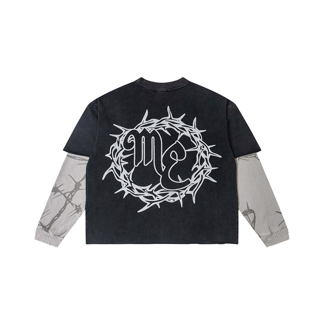 Thorn Letter Graphic Fake Two‑Piece Long Sleeve T‑Shirt Streetwear Top