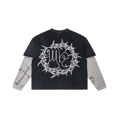 Thorn Letter Graphic Fake Two‑Piece Long Sleeve T‑Shirt Streetwear Top