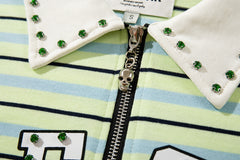 Vintage Green Stripe XX Studded Half‑Zip Polo Shirt