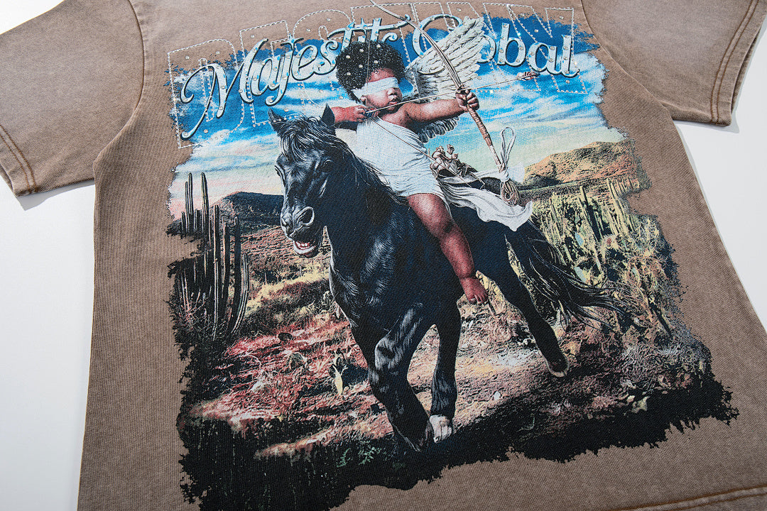 Brown Washed Western Cowboy Horse Rider Vintage Graphic T‑Shirt