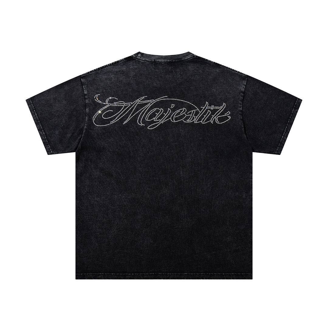 Black Washed Vintage Mask‑Figure Double‑Sided Graphic Band‑Style T‑Shirt