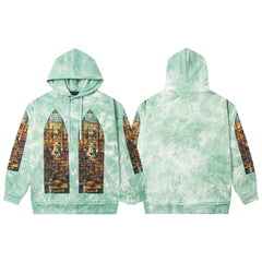 Vintage Mint Green Tie‑Dye Church Print Full‑Zip Hoodie