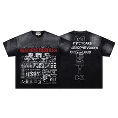 Black Washed Vintage Text Collage Double‑Sided Graphic Band‑Style T‑Shirt