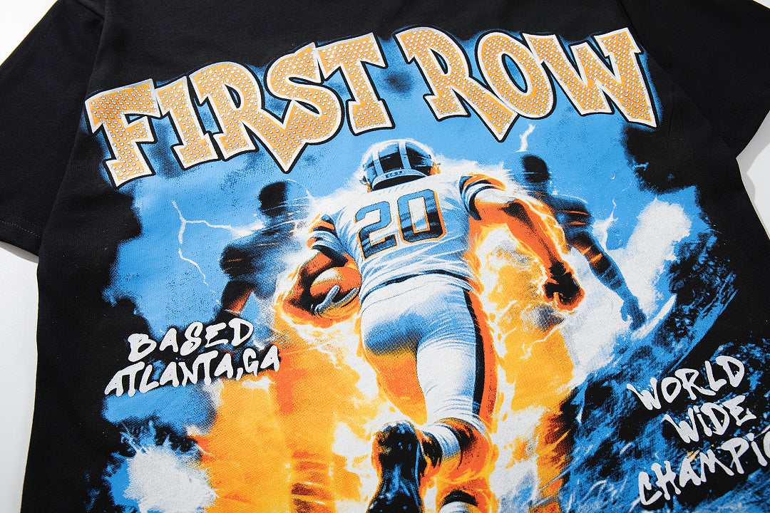 Vintage Black FIRST ROW Football Player Double‑Sided Graphic T‑Shirt