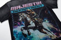 Black Washed Vintage Knight‑Horse Double‑Sided Graphic Band‑Style T‑Shirt
