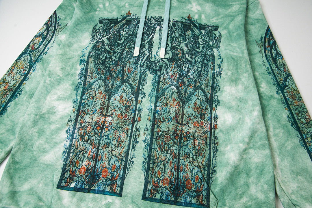 Vintage Green Tie‑Dye Stained‑Glass Church Window Zip‑Up Hoodie