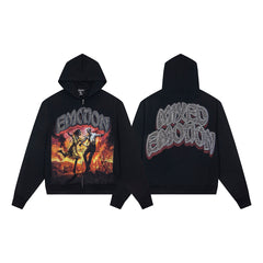 Black Vintage Rock Graphic Zip‑Up Oversized Hoodie Gothic Streetwear Sweatshirt