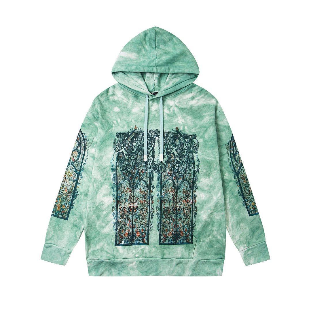 Vintage Green Tie‑Dye Stained‑Glass Church Window Zip‑Up Hoodie