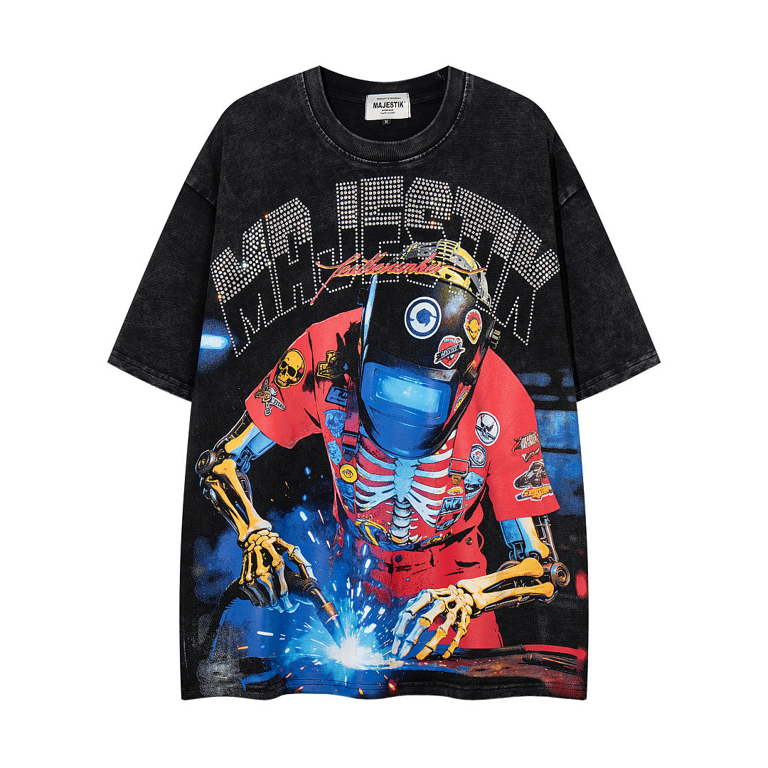 Vintage Black Skeleton Robot Double‑Sided Graphic T‑Shirt