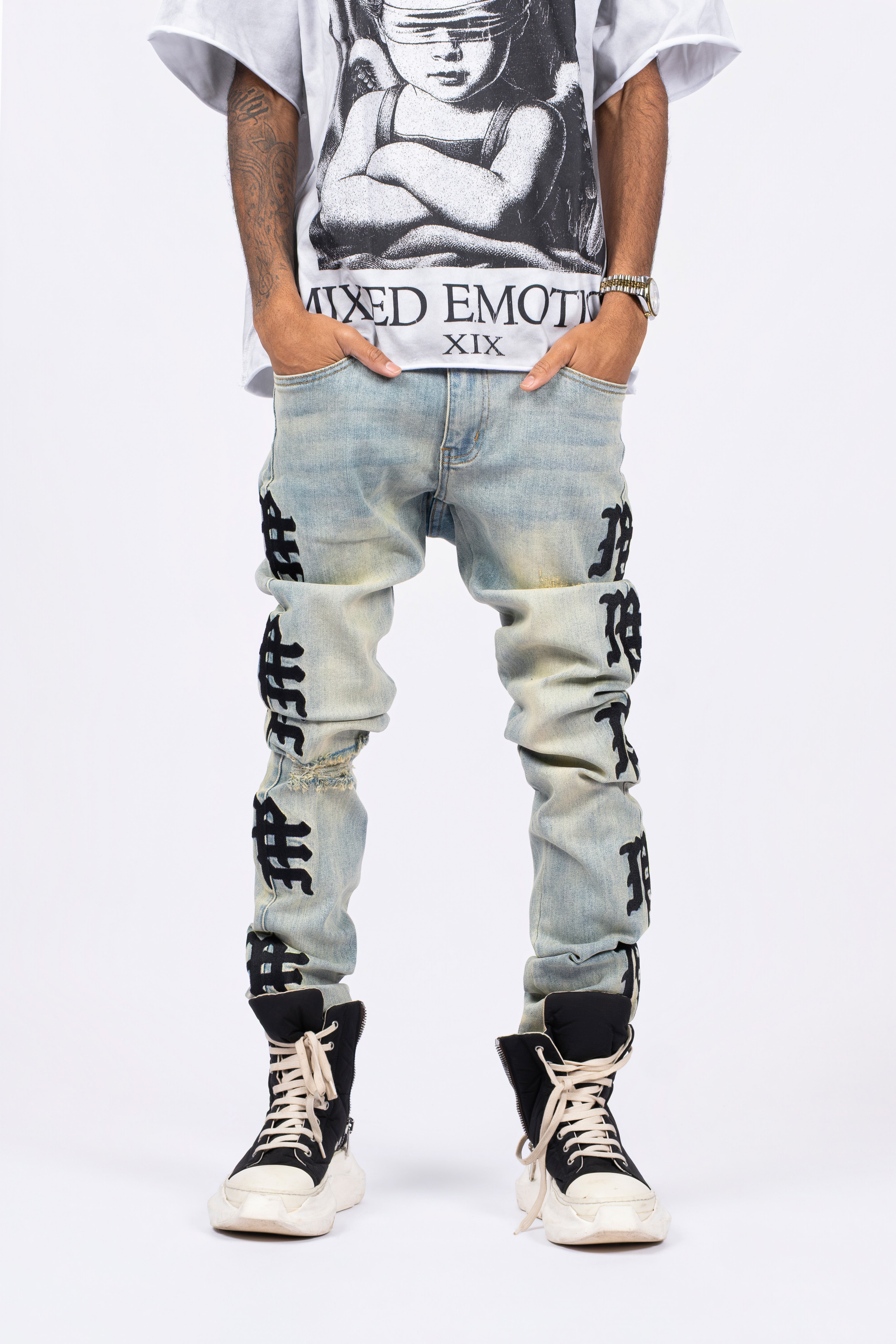 Y2K Street Style Yellow Washed Graphic Straight‑Fit Distressed Denim Pants