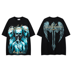 Vintage Black Alien Skull Angel Sword Double‑Sided Graphic T‑Shirt