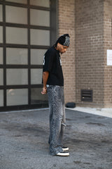 Rhinestone Distressed Baggy Wide Leg Jeans Men Vintage Washed Denim Pants Streetwear
