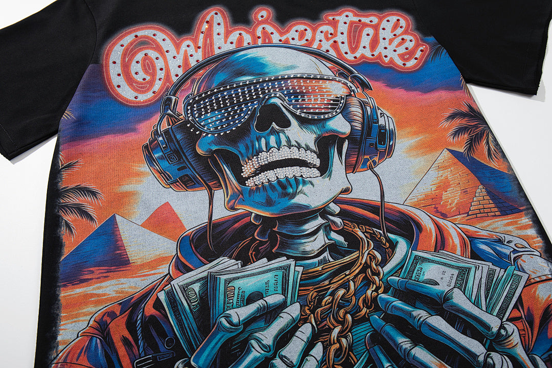 Black Vintage Tropical Skull Band‑Style Graphic T‑Shirt
