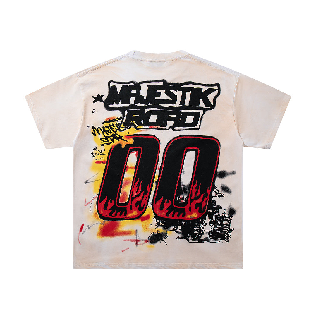 Vintage White Racing "00" Flame Graphic T‑Shirt