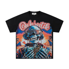 Black Vintage Tropical Skull Band‑Style Graphic T‑Shirt