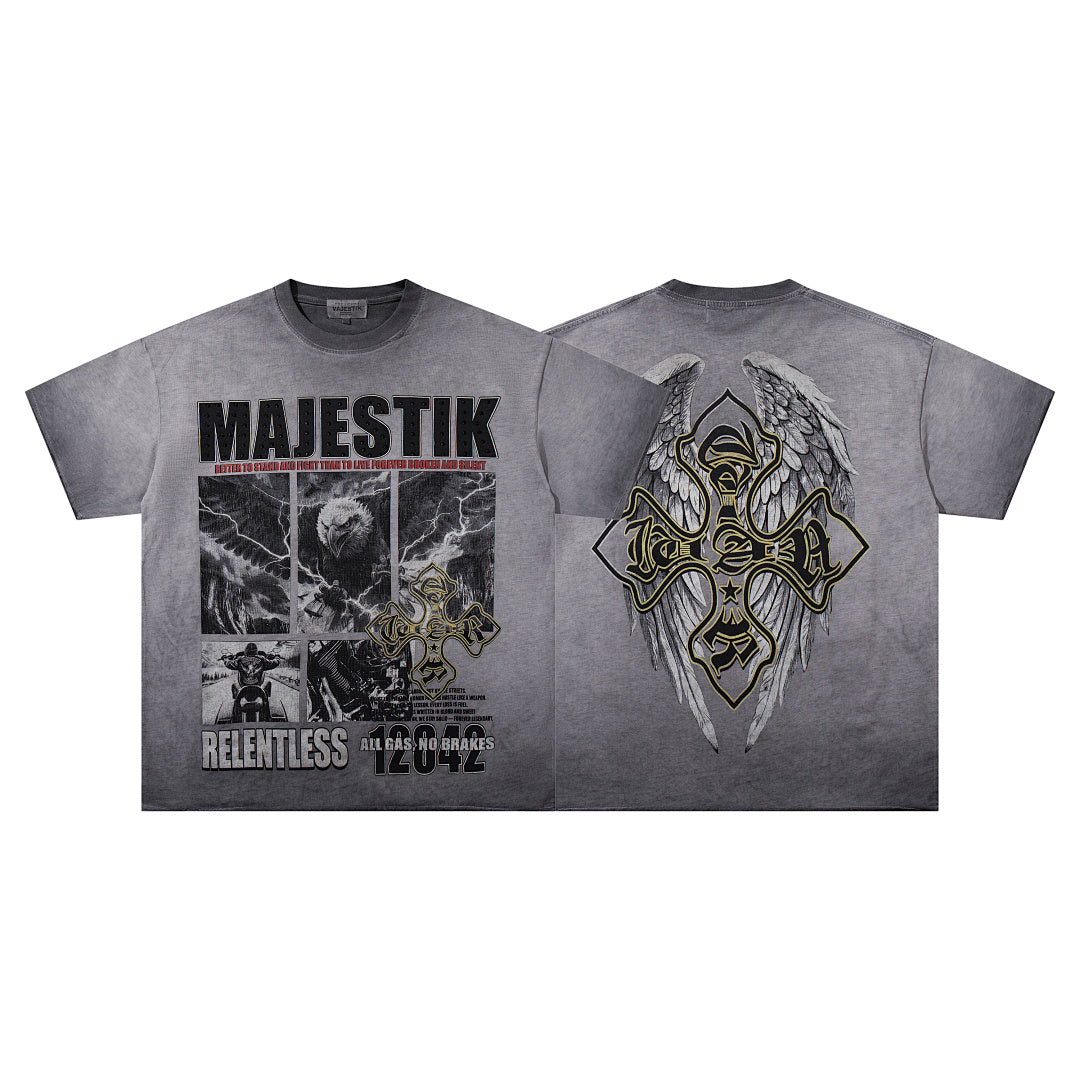 Grey Black Washed Vintage Portrait Totem Double‑Sided Graphic Band‑Style T‑Shirt