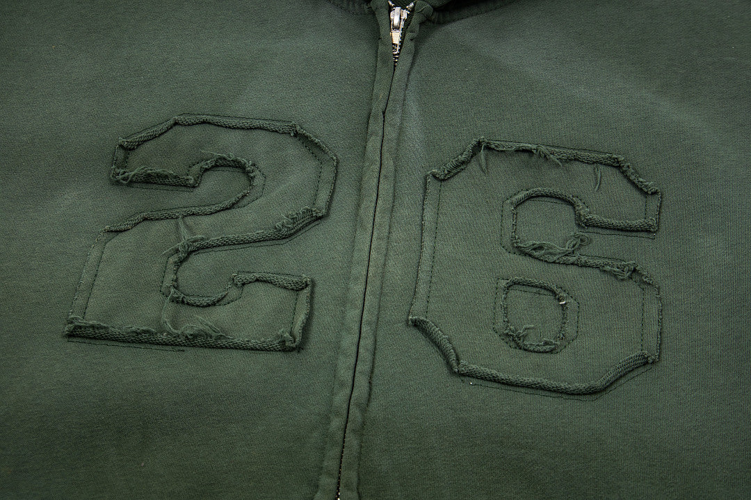 Vintage Dark Green Number 26 Embroidery Full‑Zip Hoodie