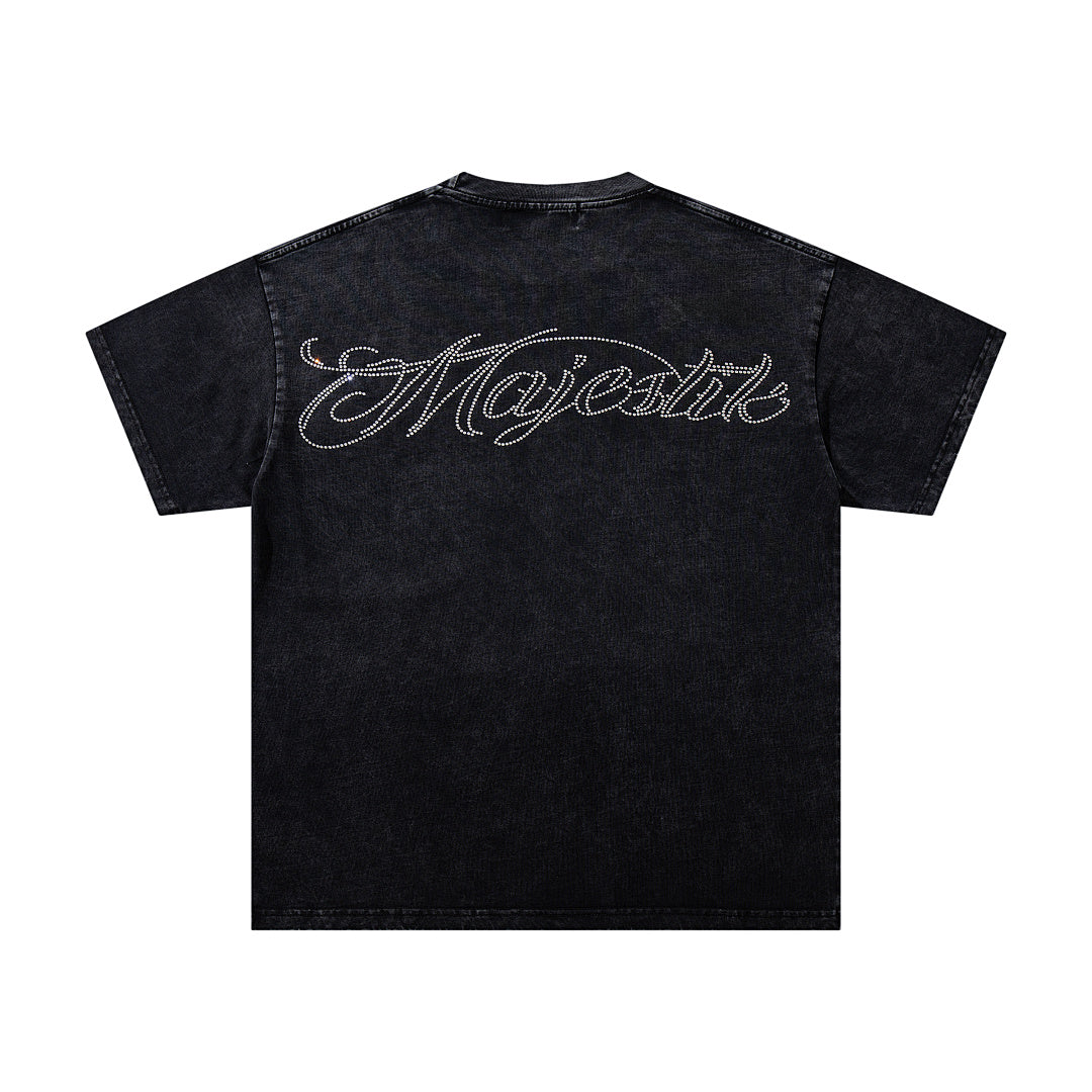 Black Washed Vintage Motorcycle Racer Double‑Sided Graphic Band‑Style T‑Shirt