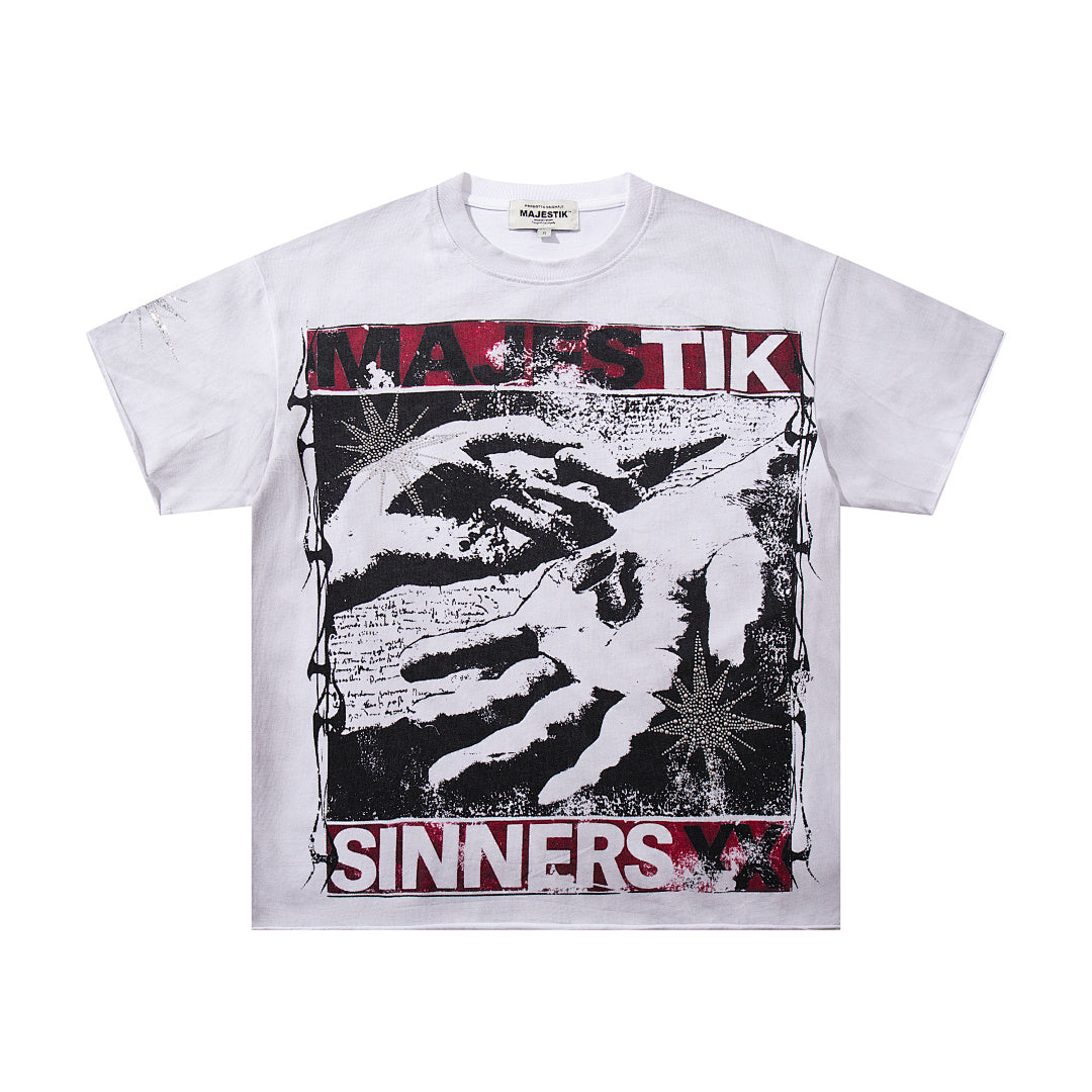 Off‑White Washed Vintage Hand Graphic Double‑Sided Band‑Style T‑Shirt