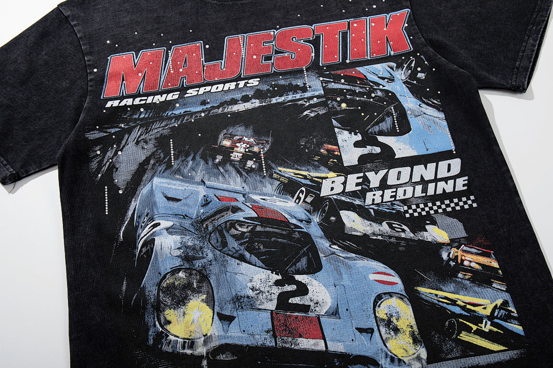 Black Washed Vintage Motorcycle Racer Double‑Sided Graphic Band‑Style T‑Shirt