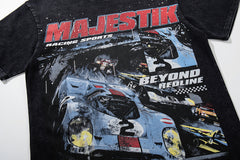 Black Washed Vintage Motorcycle Racer Double‑Sided Graphic Band‑Style T‑Shirt