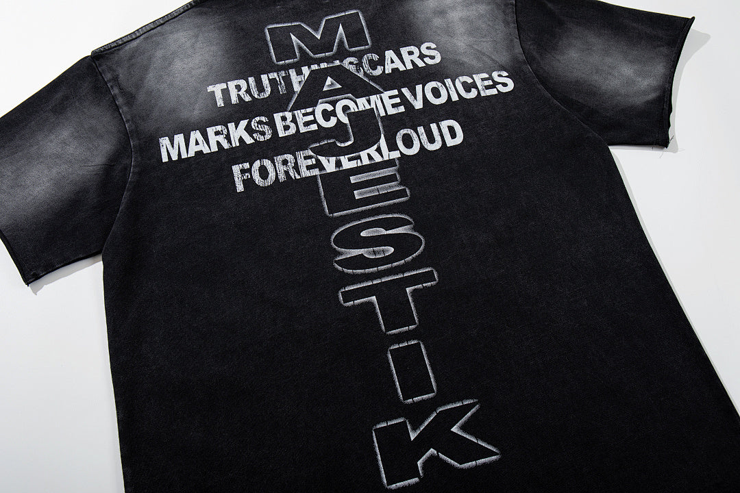 Black Washed Vintage Text Collage Double‑Sided Graphic Band‑Style T‑Shirt