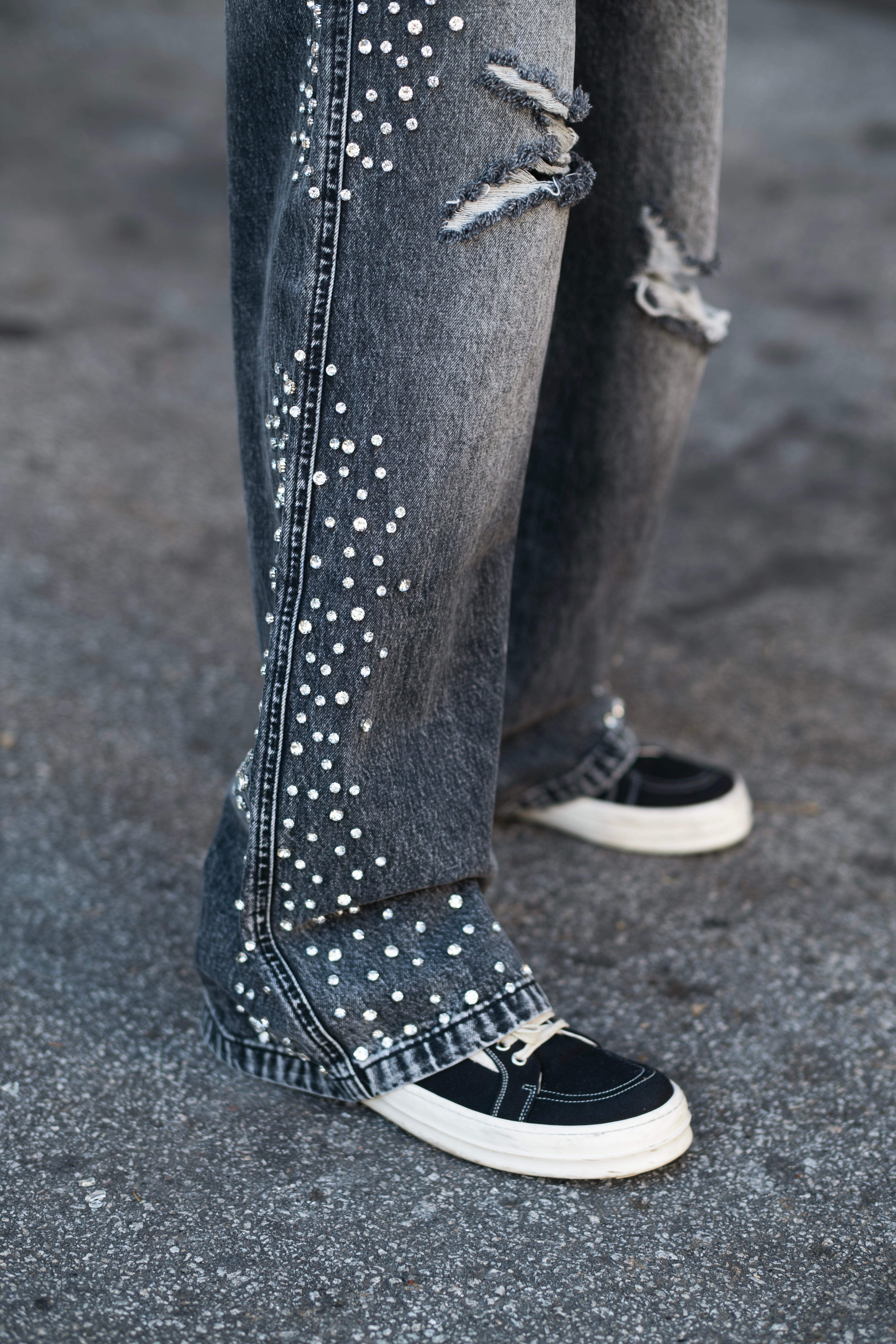 Rhinestone Distressed Baggy Wide Leg Jeans Men Vintage Washed Denim Pants Streetwear