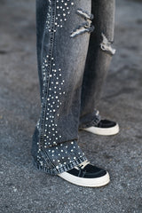 Rhinestone Distressed Baggy Wide Leg Jeans Men Vintage Washed Denim Pants Streetwear