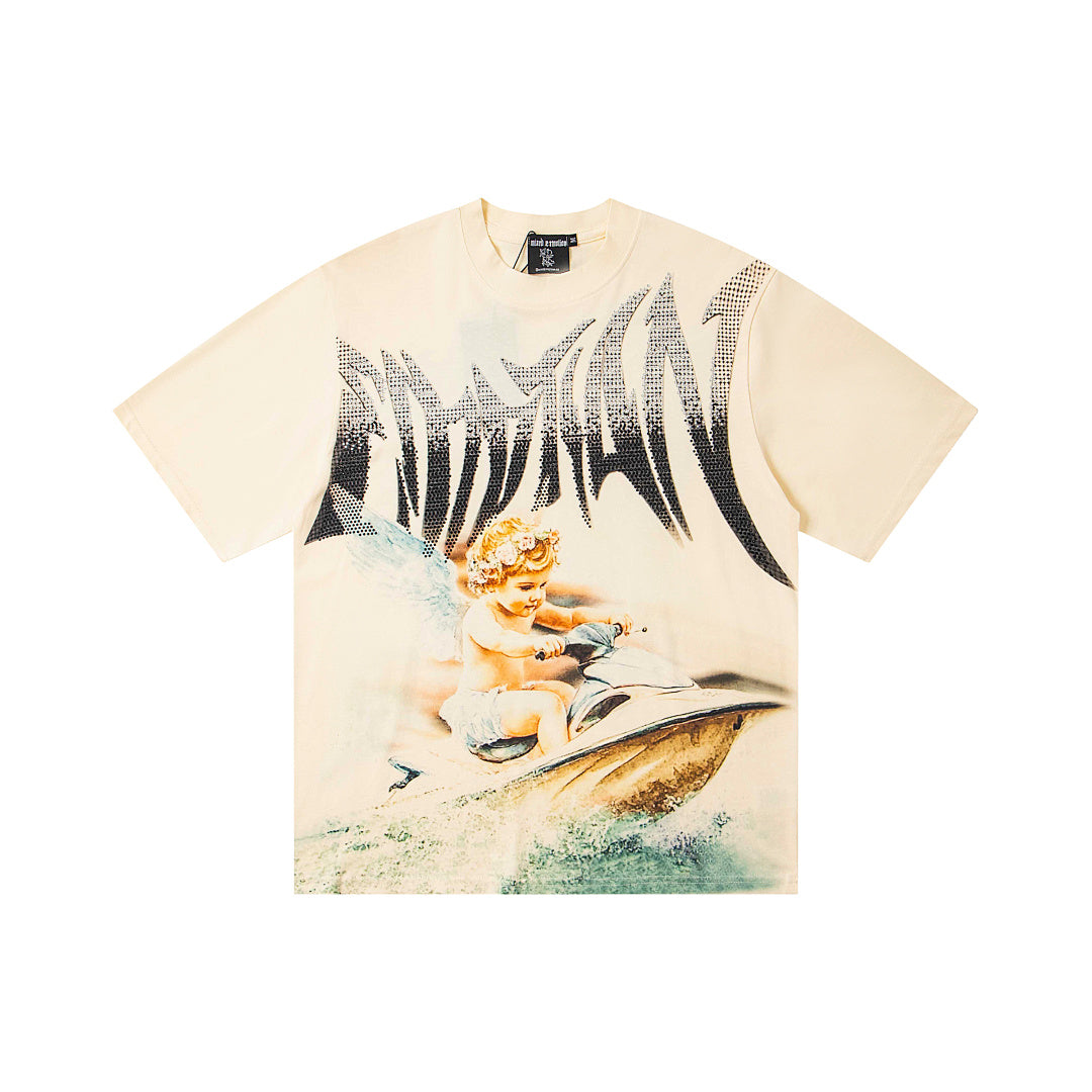 Washed Cream Vintage Sailboat Graphic Oversized Crew Neck Street T‑Shirt