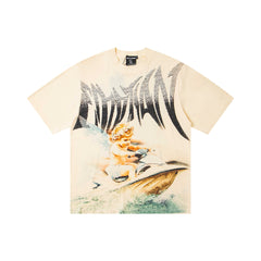 Washed Cream Vintage Sailboat Graphic Oversized Crew Neck Street T‑Shirt