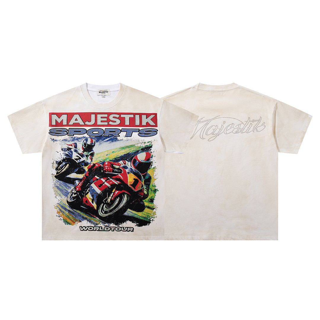 Off‑White Washed Vintage Motorcycle Racing Graphic Band‑Style T‑Shirt