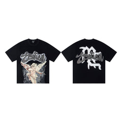 Black Vintage Rhinestone Letter Angel Graphic Oversized Crew‑Neck Street T‑Shirt