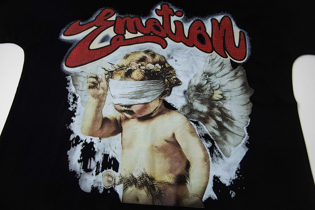 Black Vintage Angel Figure Script Graphic Oversized Crew‑Neck Street T‑Shirt