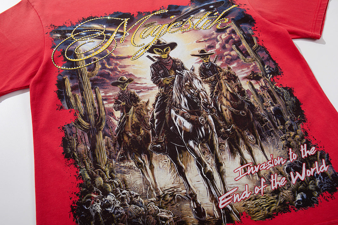 Red Washed Vintage Western Cowboy Double‑Sided Graphic Band‑Style T‑Shirt