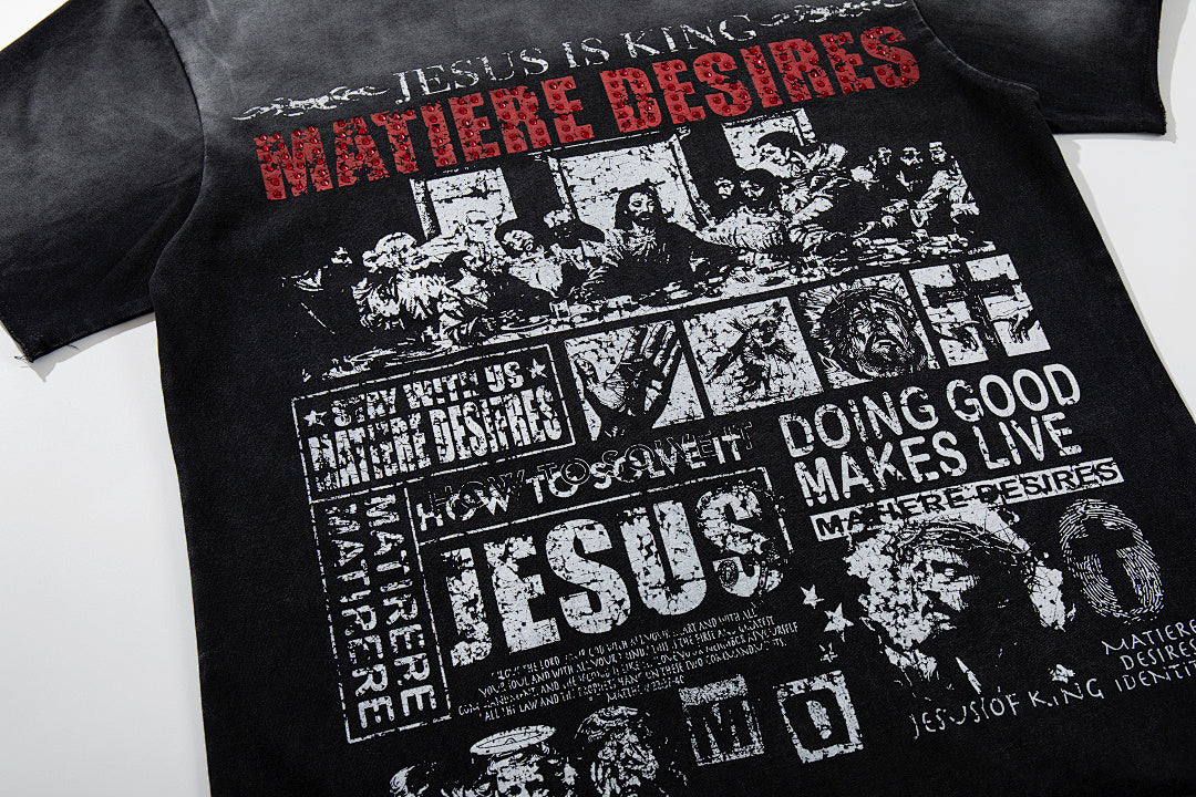 Black Washed Vintage Text Collage Double‑Sided Graphic Band‑Style T‑Shirt