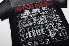 Black Washed Vintage Text Collage Double‑Sided Graphic Band‑Style T‑Shirt
