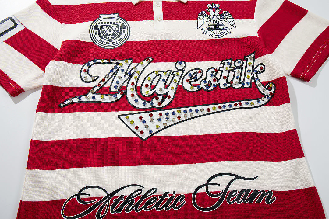 Vintage Red‑White Stripe MAJESTIC Rugby Polo Shirt