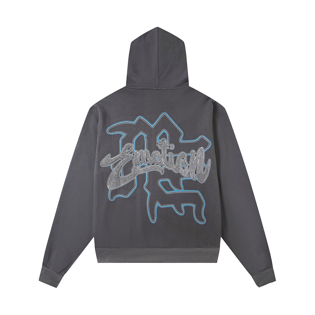 Retro Angel Art Print Full‑Zip Hoodie Washed Gray Loose Hip‑Hop Street Hooded Top