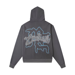 Retro Angel Art Print Full‑Zip Hoodie Washed Gray Loose Hip‑Hop Street Hooded Top