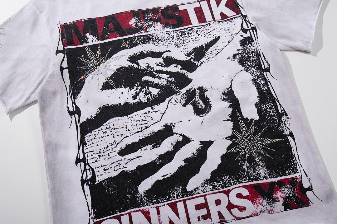 Off‑White Washed Vintage Hand Graphic Double‑Sided Band‑Style T‑Shirt