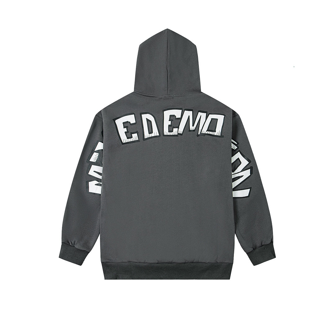 Vintage Cartoon Face Graphic Hoodie Charcoal Grey Oversized Streetwear Pullover Sweatshirt